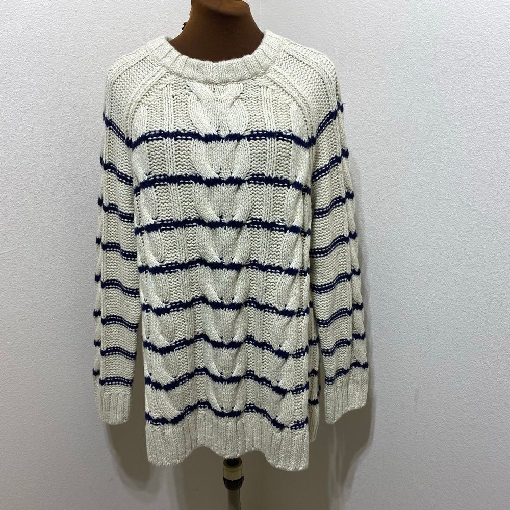 J Jill Womens Sweater Ivory Blue Stripe Cable Knit Nautical Crew Neck Medium